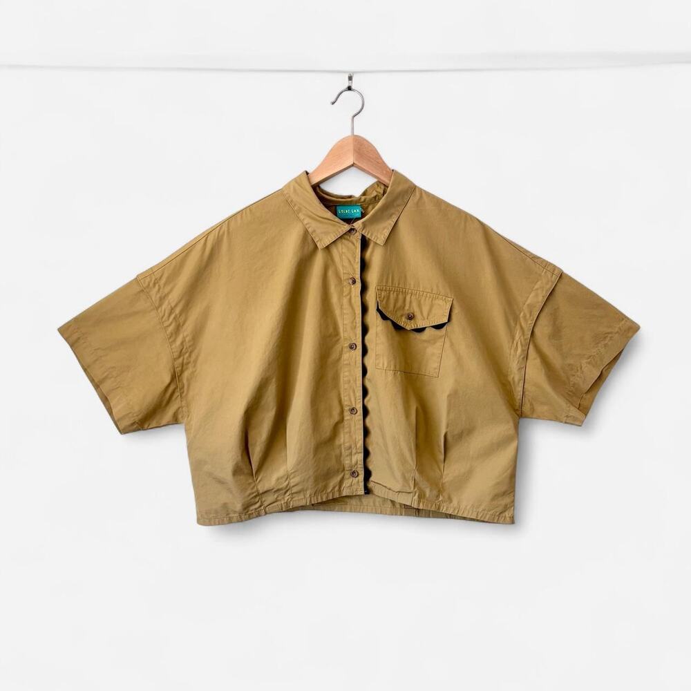 $168 NWT Upcycled Handmade OOAK Cropped Khaki Button Up Shirt Utility- Size LRG